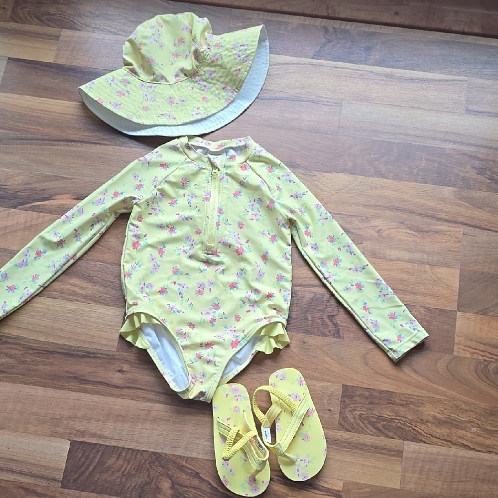 Floral Yellow Kids One Piece Swimsuit Set